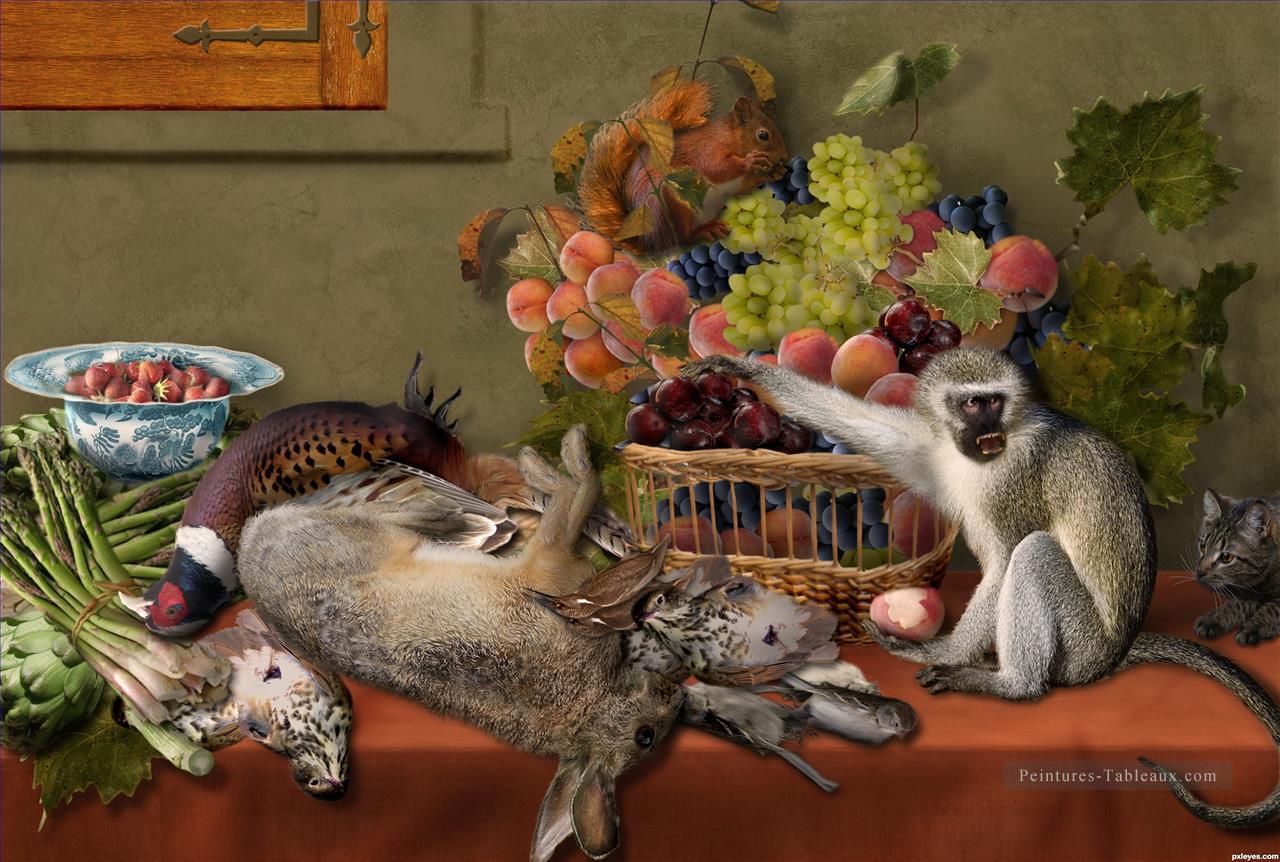 Nature morte avec des légumes de jeu de fruits et de l’écureuil de singe vivant et un chat Nature morte classique Peintures à l'huile